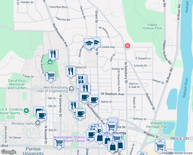 map of restaurants, bars, coffee shops, grocery stores, and more near 331 Lawn Avenue in West Lafayette
