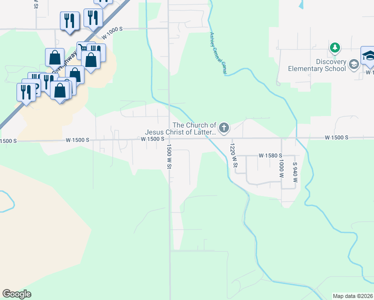 map of restaurants, bars, coffee shops, grocery stores, and more near 701 West 1550 South in Vernal