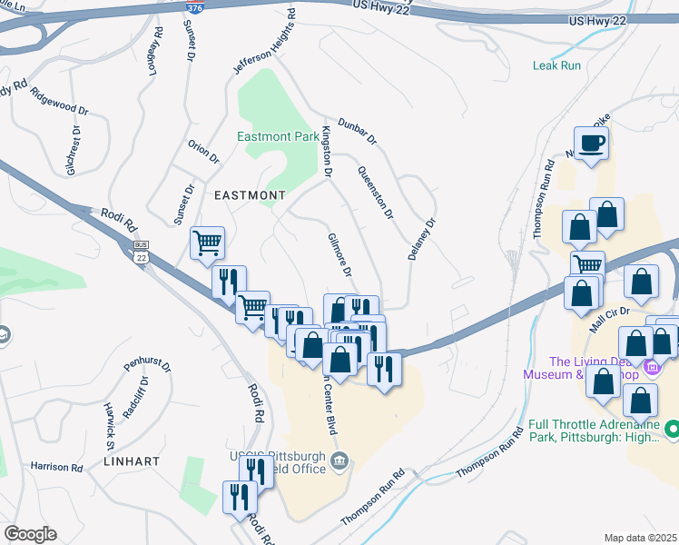 map of restaurants, bars, coffee shops, grocery stores, and more near 333 Frazier Drive in Pittsburgh