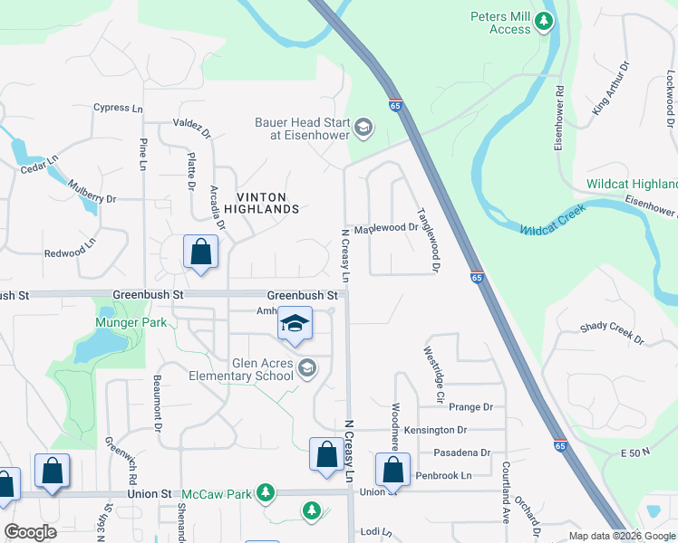 map of restaurants, bars, coffee shops, grocery stores, and more near 1500-2084 North Creasy Lane in Lafayette