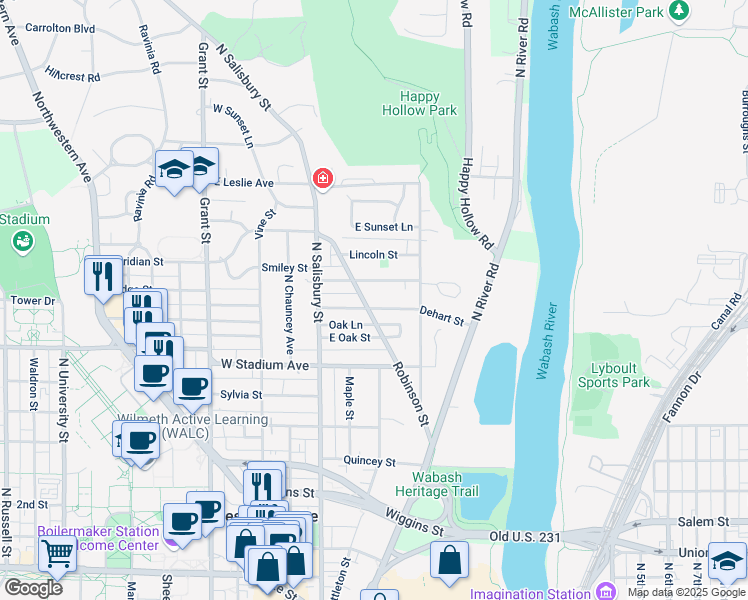 map of restaurants, bars, coffee shops, grocery stores, and more near 202 Dehart Street in West Lafayette