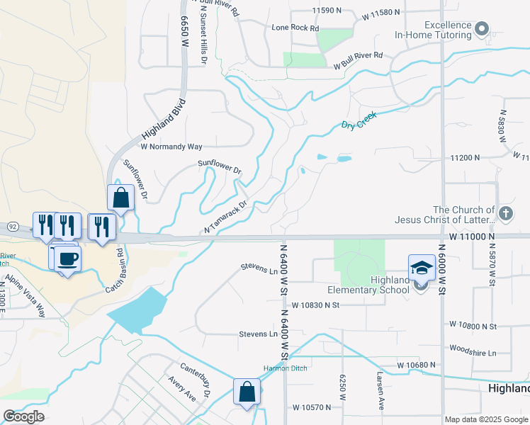 map of restaurants, bars, coffee shops, grocery stores, and more near 11055 Gambol Oak Circle in Highland