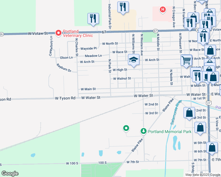 map of restaurants, bars, coffee shops, grocery stores, and more near 130 North Park Street in Portland
