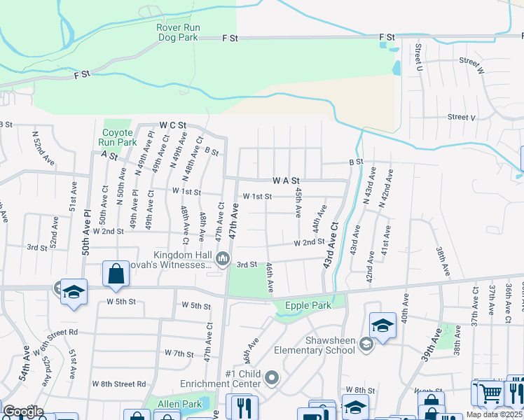 map of restaurants, bars, coffee shops, grocery stores, and more near 4622 West 1st Street Road in Greeley