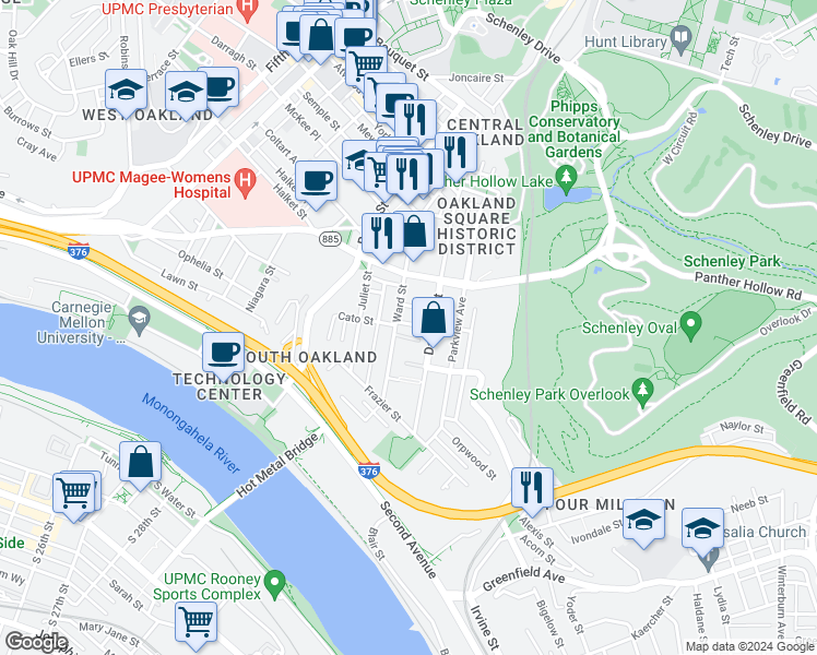 map of restaurants, bars, coffee shops, grocery stores, and more near 201 Holmes Place in Pittsburgh