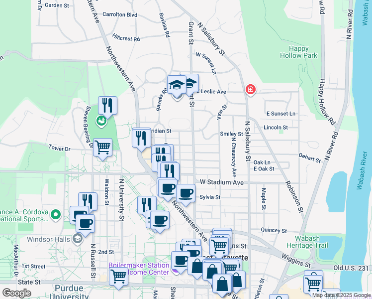 map of restaurants, bars, coffee shops, grocery stores, and more near 420 Evergreen Street in West Lafayette