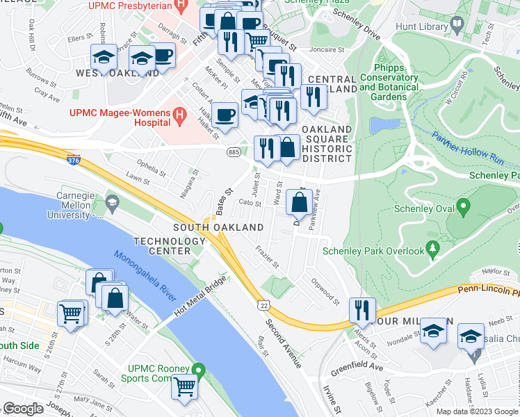 map of restaurants, bars, coffee shops, grocery stores, and more near 3245 Hardie Way in Pittsburgh