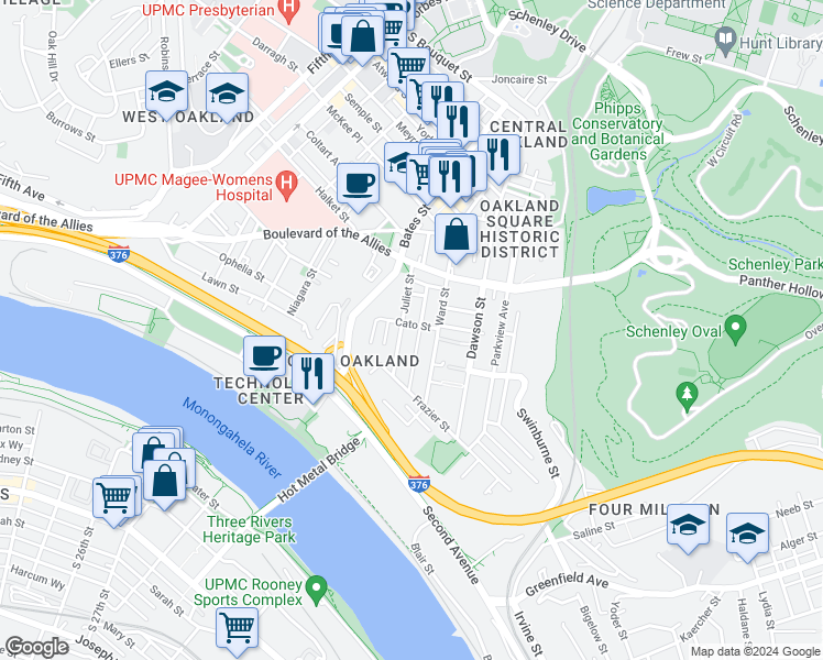 map of restaurants, bars, coffee shops, grocery stores, and more near 508 Cato Street in Pittsburgh