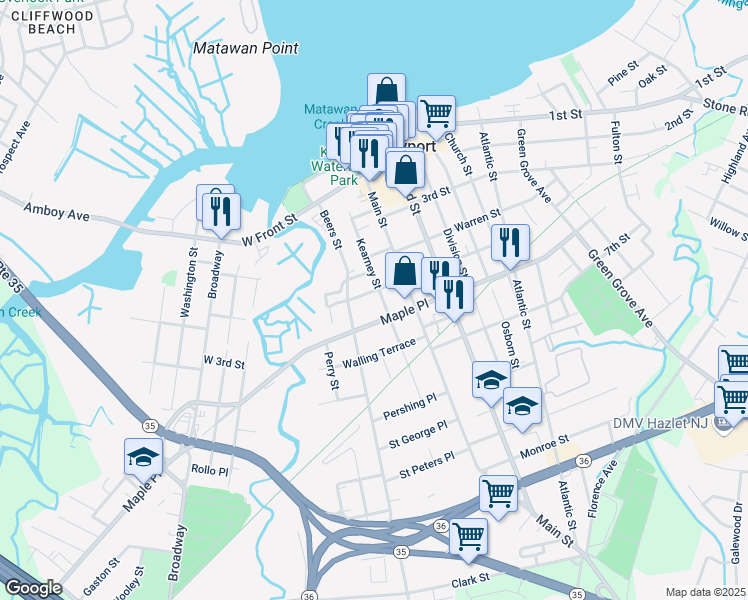 map of restaurants, bars, coffee shops, grocery stores, and more near 95 Maple Place in Keyport