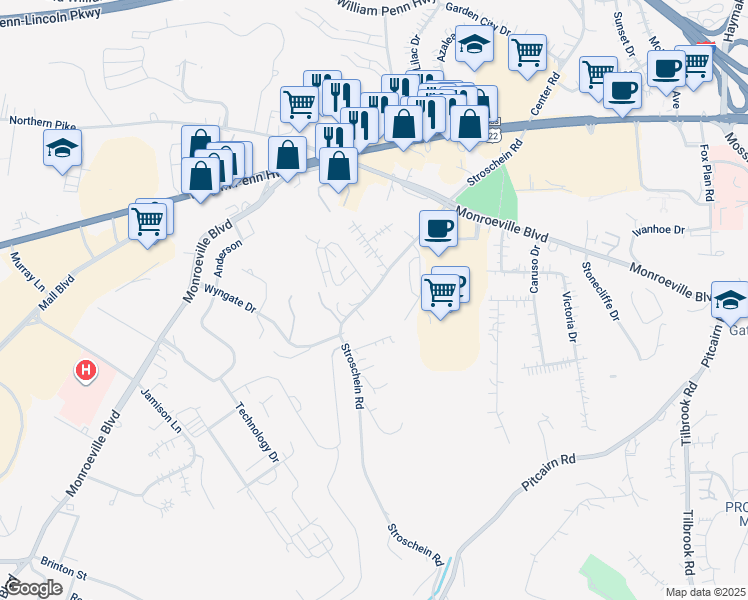 map of restaurants, bars, coffee shops, grocery stores, and more near in Monroeville