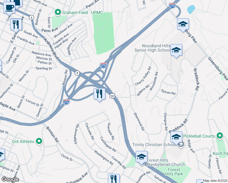 map of restaurants, bars, coffee shops, grocery stores, and more near 7 Bryn Mawr Road in Pittsburgh