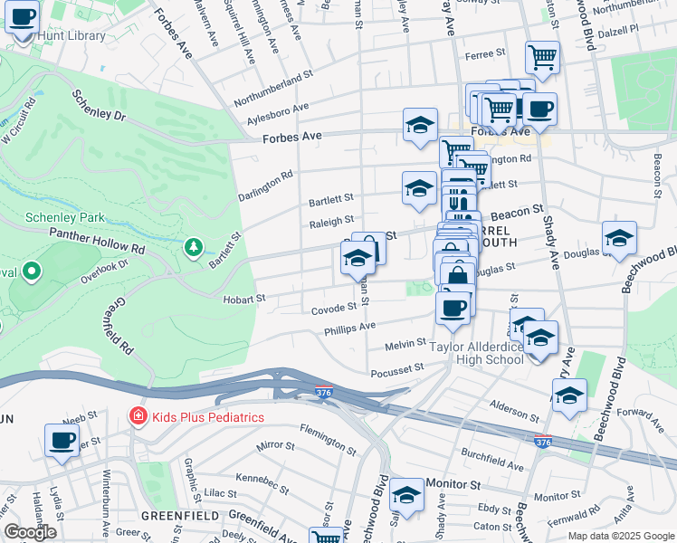 map of restaurants, bars, coffee shops, grocery stores, and more near 5540 Hobart Street in Pittsburgh