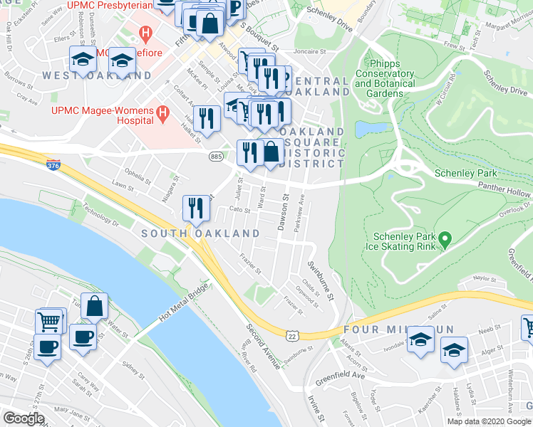 map of restaurants, bars, coffee shops, grocery stores, and more near 201 Holmes Place in Pittsburgh