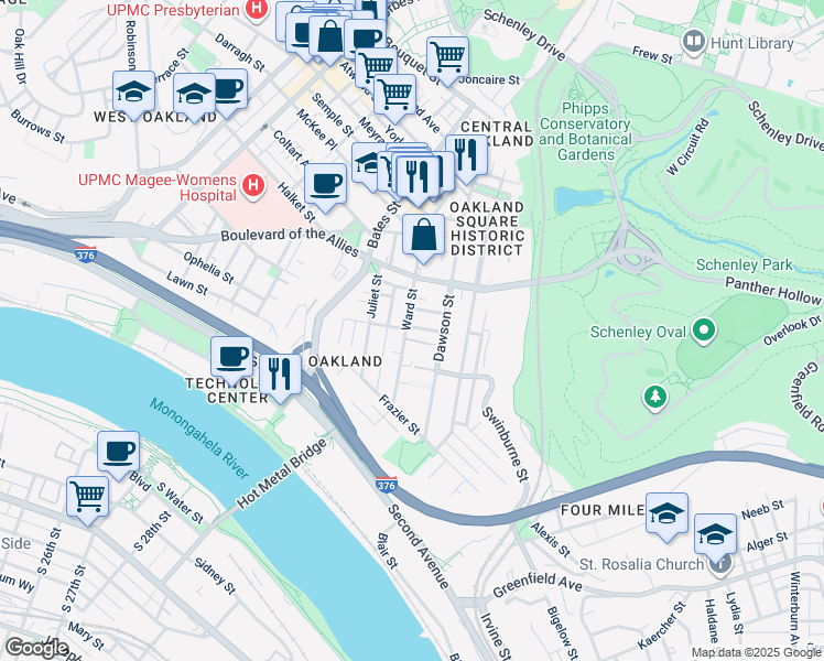 map of restaurants, bars, coffee shops, grocery stores, and more near in Pittsburgh
