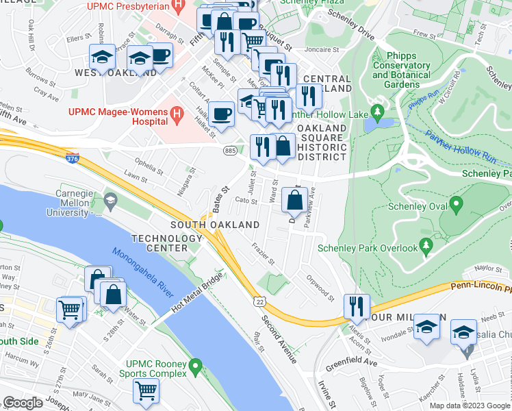 map of restaurants, bars, coffee shops, grocery stores, and more near 3245 Hardie Way in Pittsburgh