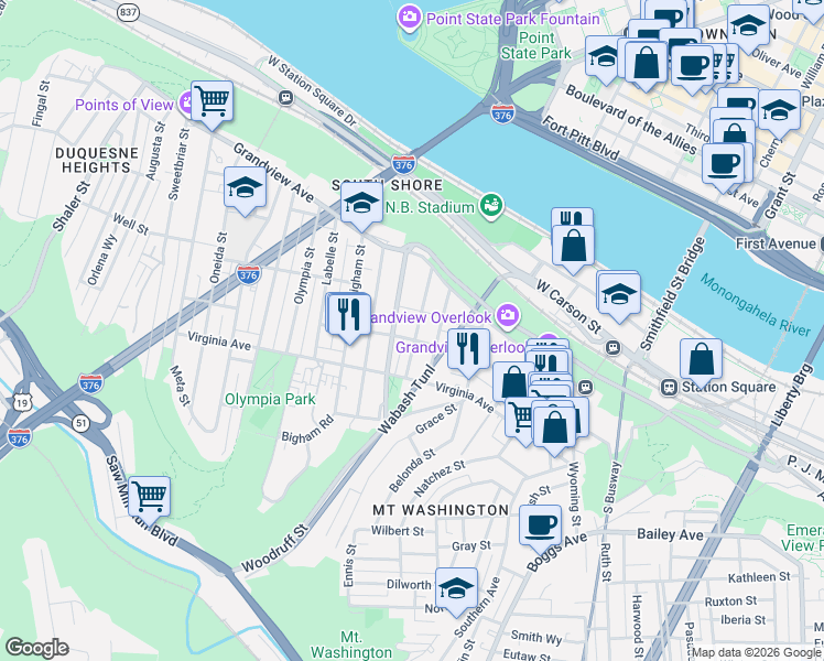 map of restaurants, bars, coffee shops, grocery stores, and more near 204 Ulysses Street in Pittsburgh