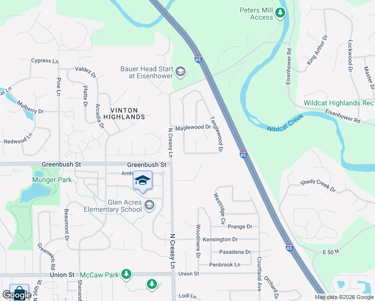 map of restaurants, bars, coffee shops, grocery stores, and more near 1619 Tanglewood Drive in Lafayette