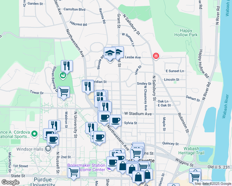 map of restaurants, bars, coffee shops, grocery stores, and more near 420 Evergreen Street in West Lafayette