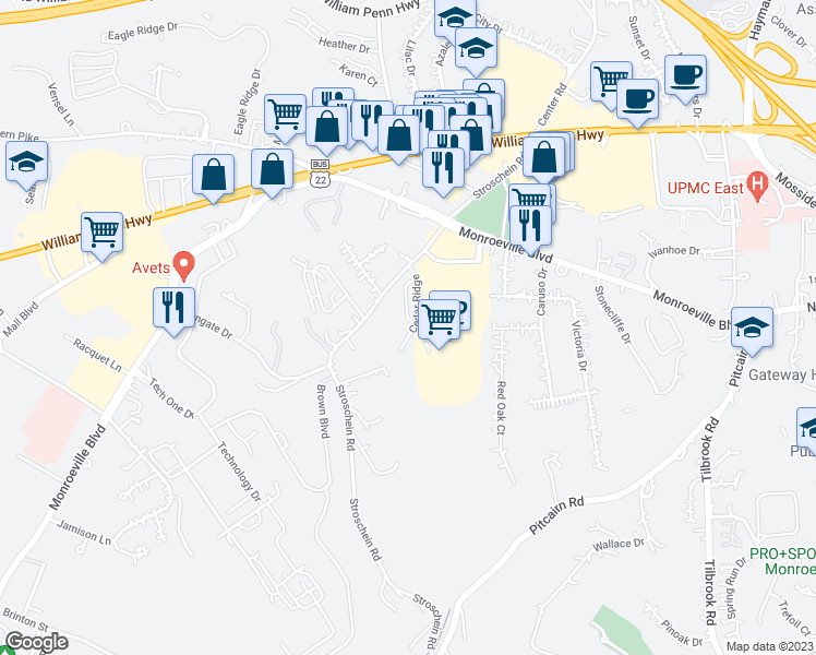 map of restaurants, bars, coffee shops, grocery stores, and more near 156 Cedar Ridge Road in Monroeville