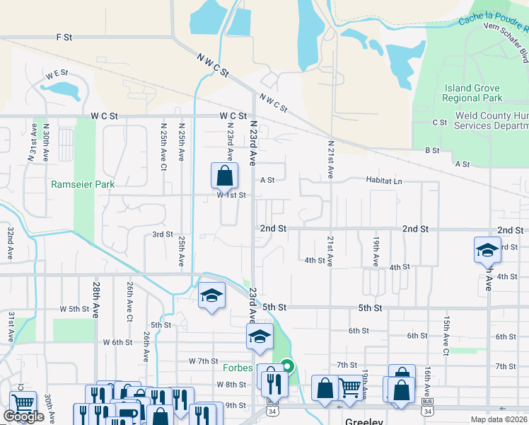 map of restaurants, bars, coffee shops, grocery stores, and more near 140 23rd Avenue in Greeley