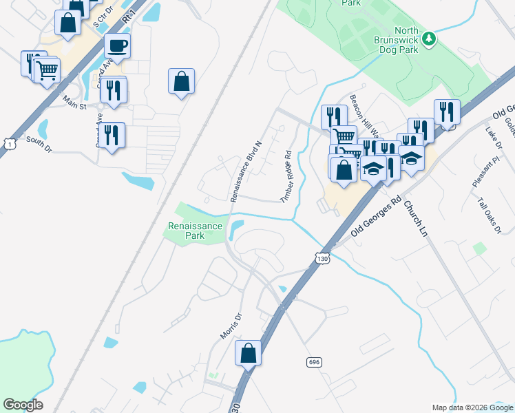 map of restaurants, bars, coffee shops, grocery stores, and more near 52 Timber Ridge Road in North Brunswick Township