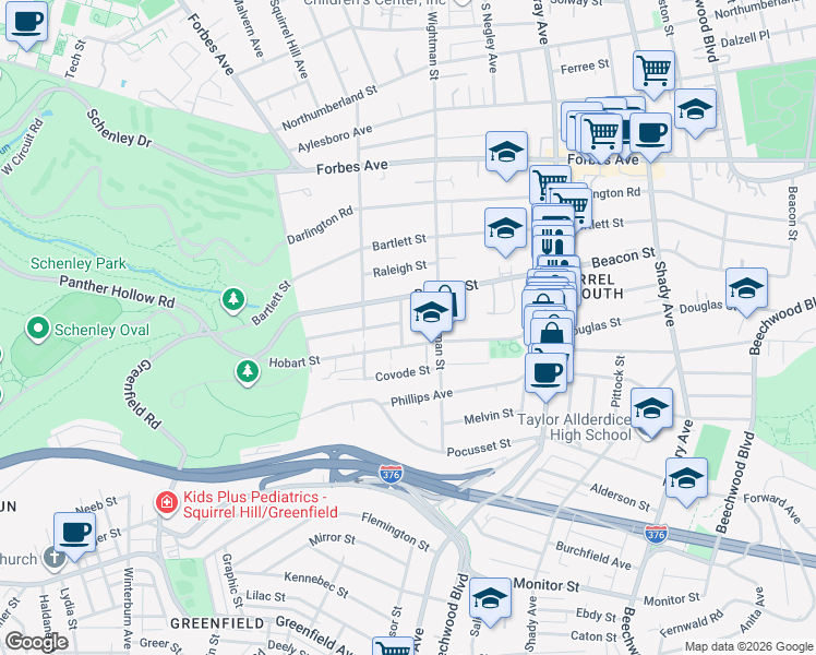 map of restaurants, bars, coffee shops, grocery stores, and more near 5540 Hobart Street in Pittsburgh