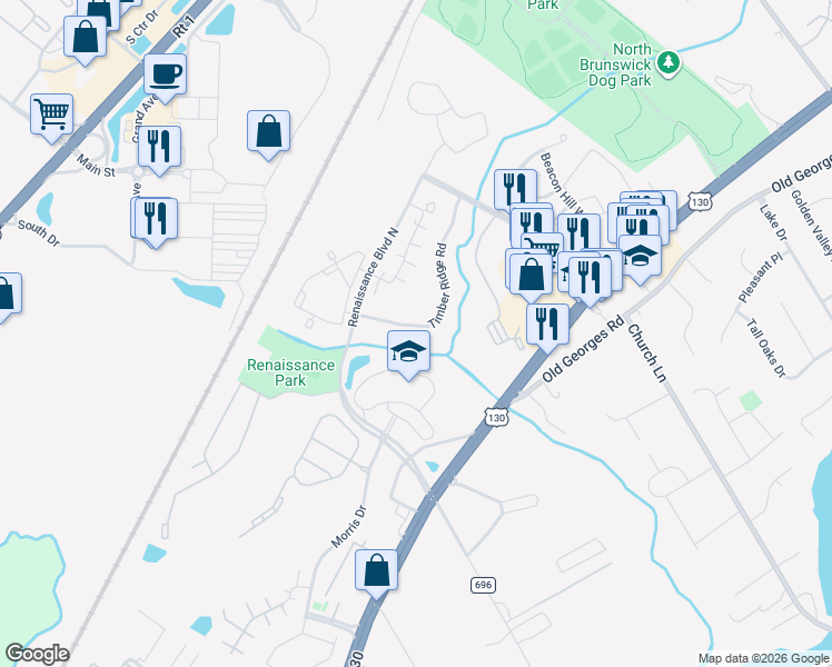 map of restaurants, bars, coffee shops, grocery stores, and more near 52 Timber Ridge Road in North Brunswick Township