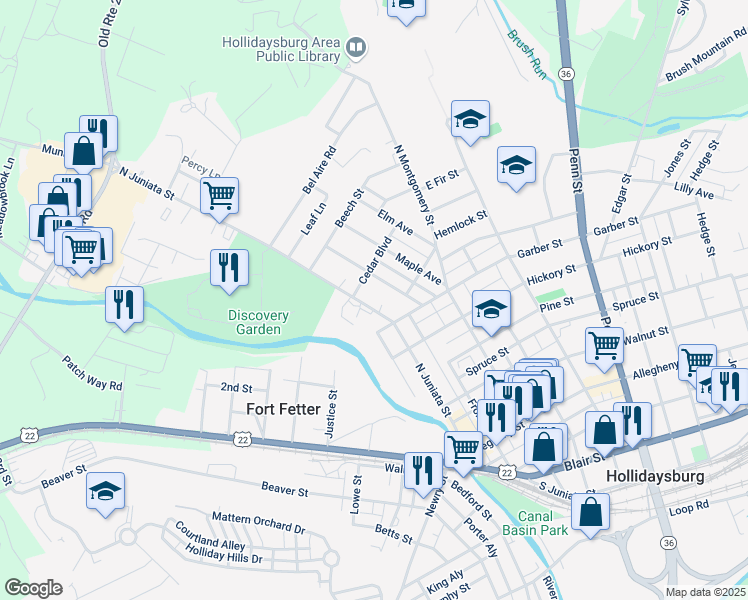 map of restaurants, bars, coffee shops, grocery stores, and more near 1102 N Juniata St in Hollidaysburg