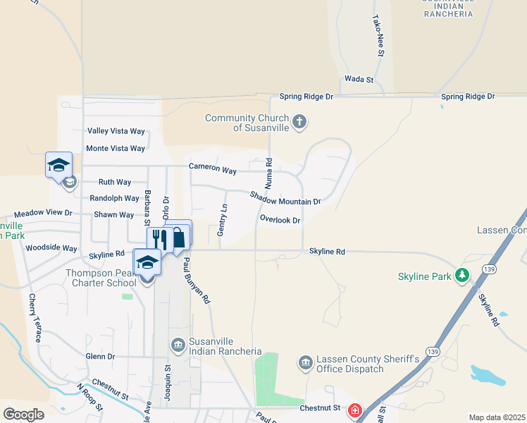map of restaurants, bars, coffee shops, grocery stores, and more near 1100 Overlook Drive in Susanville