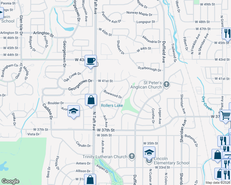 map of restaurants, bars, coffee shops, grocery stores, and more near 1130 Bowwood Drive in Loveland