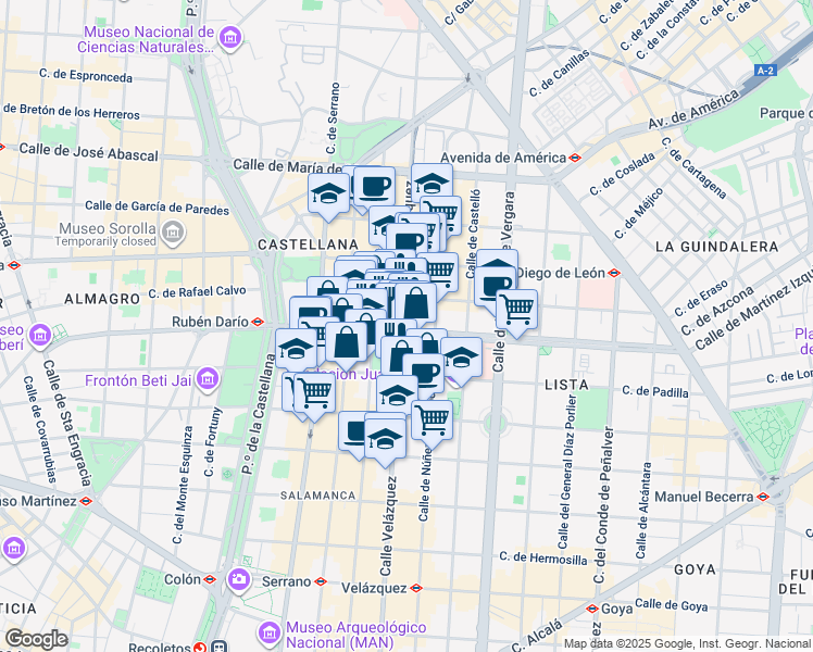 map of restaurants, bars, coffee shops, grocery stores, and more near 94 Calle de Velázquez in Madrid