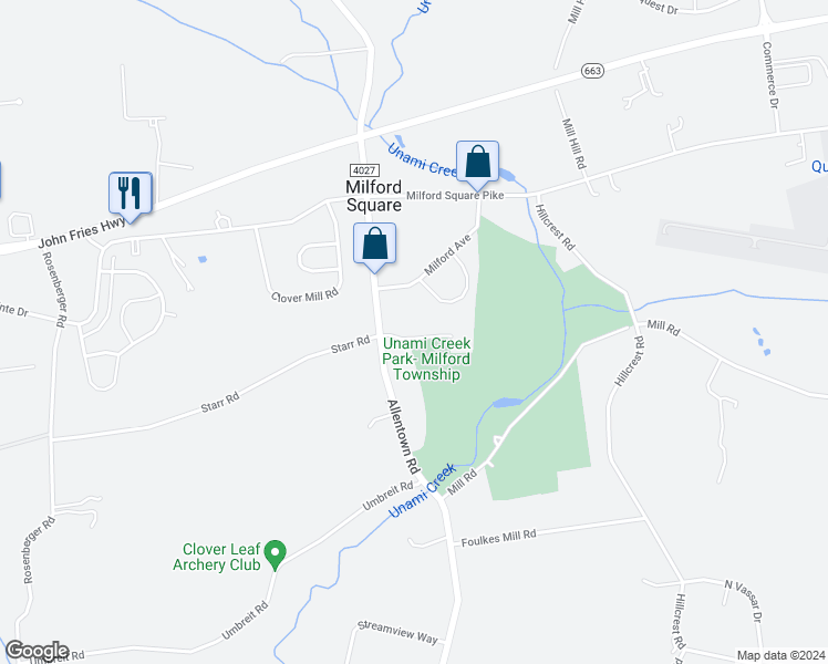 map of restaurants, bars, coffee shops, grocery stores, and more near 9 Parkview Drive in Quakertown