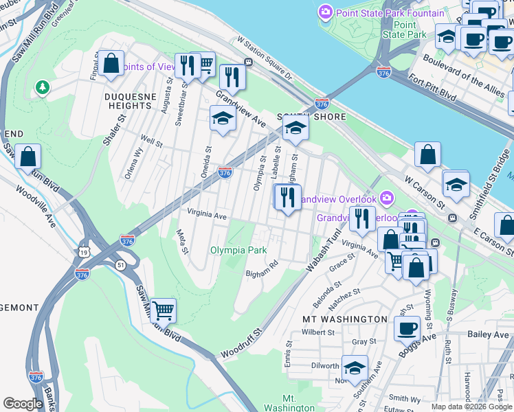 map of restaurants, bars, coffee shops, grocery stores, and more near in Pittsburgh