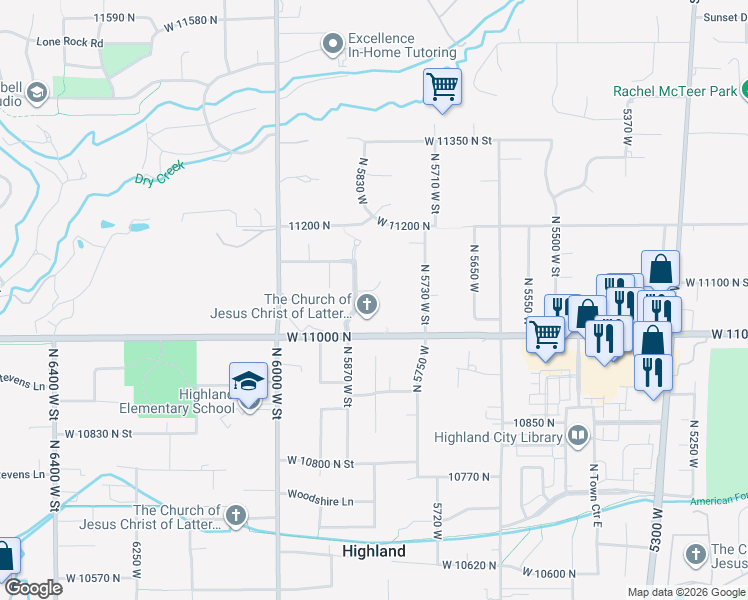 map of restaurants, bars, coffee shops, grocery stores, and more near 5843 Avonmore Circle in Highland