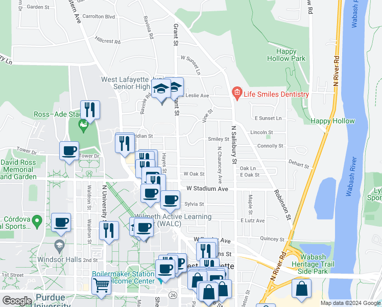 map of restaurants, bars, coffee shops, grocery stores, and more near 326 Lawn Avenue in West Lafayette