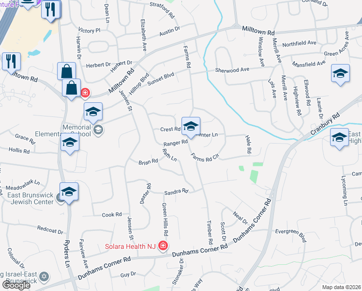 map of restaurants, bars, coffee shops, grocery stores, and more near 63 Farms Road Circle in East Brunswick