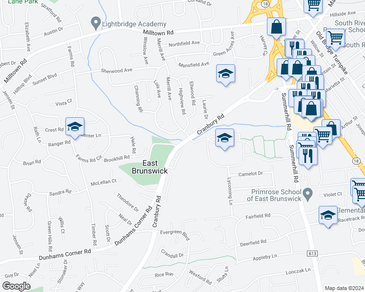 map of restaurants, bars, coffee shops, grocery stores, and more near 400 Cranbury Road in East Brunswick