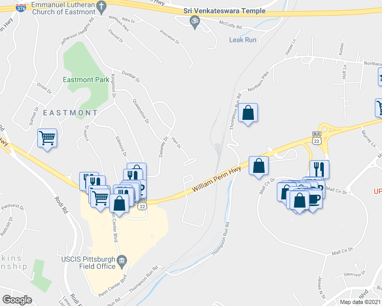 map of restaurants, bars, coffee shops, grocery stores, and more near 202 Hart Drive in Pittsburgh