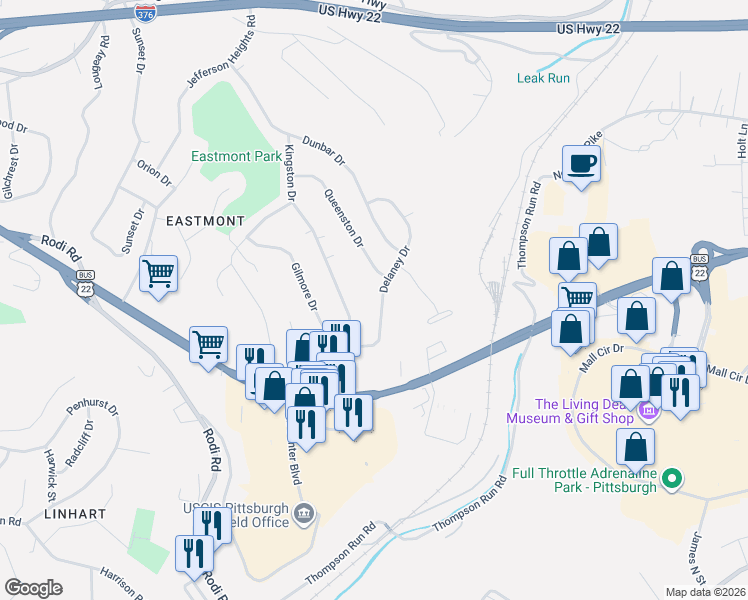 map of restaurants, bars, coffee shops, grocery stores, and more near 210 Kingston Drive in Pittsburgh