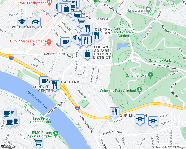 map of restaurants, bars, coffee shops, grocery stores, and more near 3323 Parkview Avenue in Pittsburgh