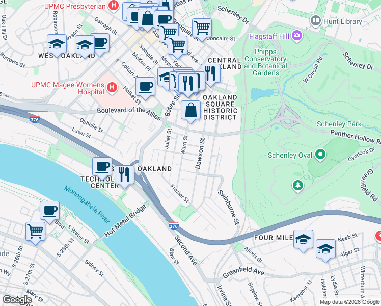 map of restaurants, bars, coffee shops, grocery stores, and more near in Pittsburgh