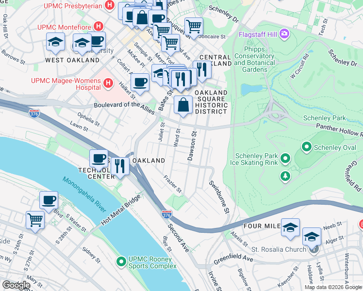 map of restaurants, bars, coffee shops, grocery stores, and more near in Pittsburgh