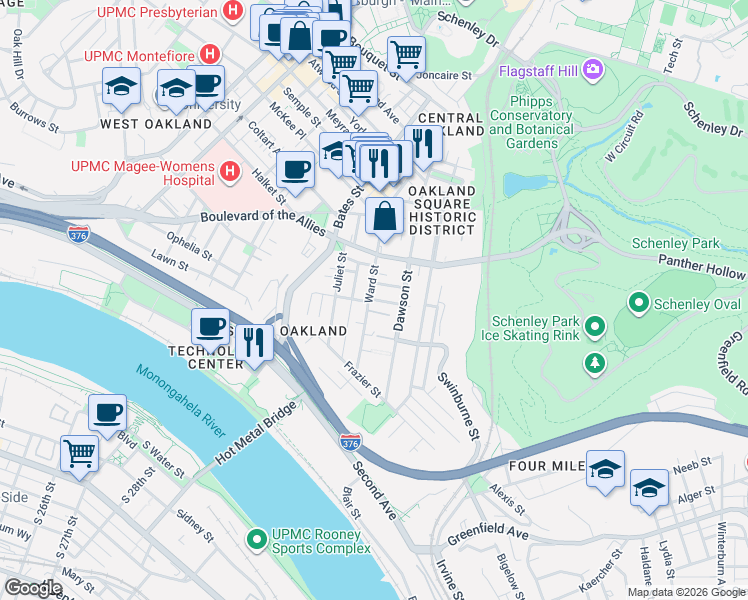 map of restaurants, bars, coffee shops, grocery stores, and more near in Pittsburgh