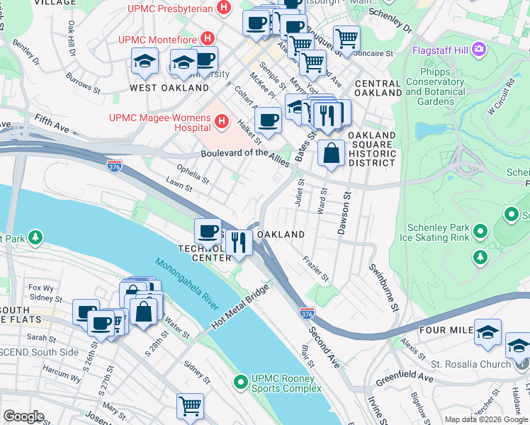 map of restaurants, bars, coffee shops, grocery stores, and more near in Pittsburgh