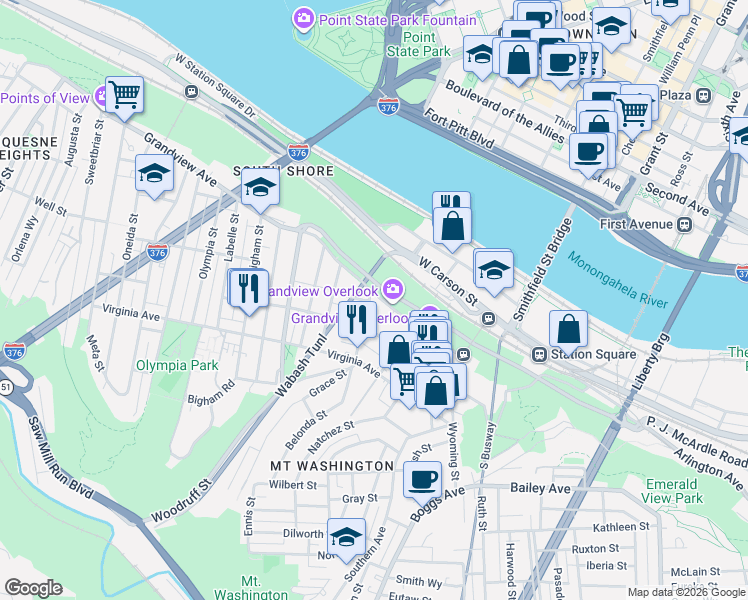 map of restaurants, bars, coffee shops, grocery stores, and more near 129 Kearsarge Street in Pittsburgh