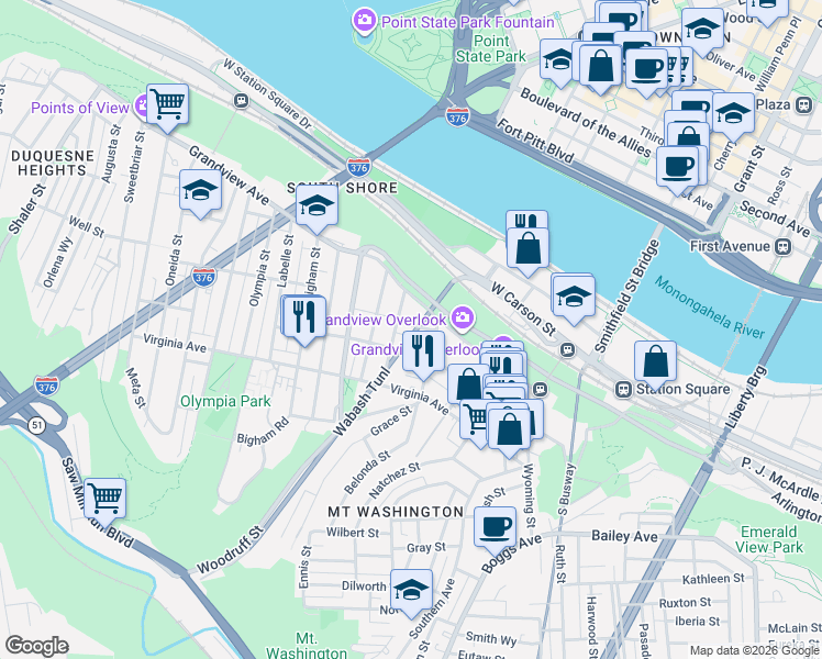 map of restaurants, bars, coffee shops, grocery stores, and more near 157 Bertha Street in Pittsburgh