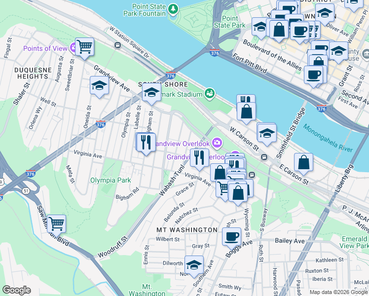 map of restaurants, bars, coffee shops, grocery stores, and more near 157 Bertha Street in Pittsburgh