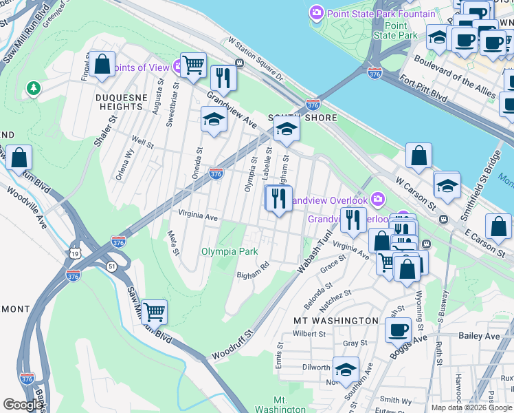 map of restaurants, bars, coffee shops, grocery stores, and more near 319 Labelle Street in Pittsburgh