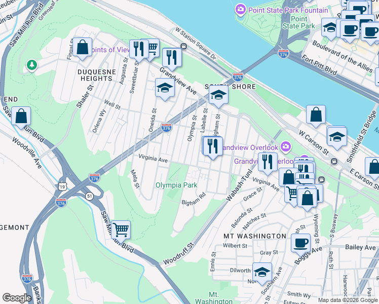 map of restaurants, bars, coffee shops, grocery stores, and more near in Pittsburgh