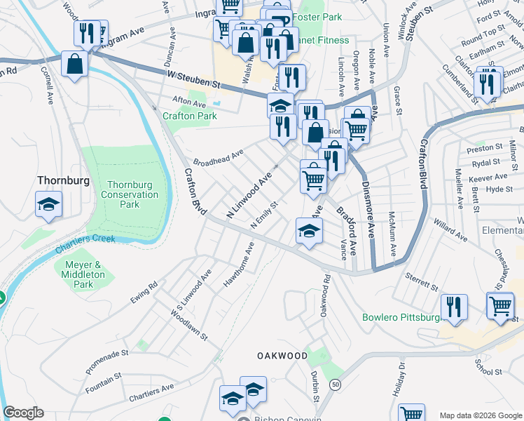 map of restaurants, bars, coffee shops, grocery stores, and more near in Crafton